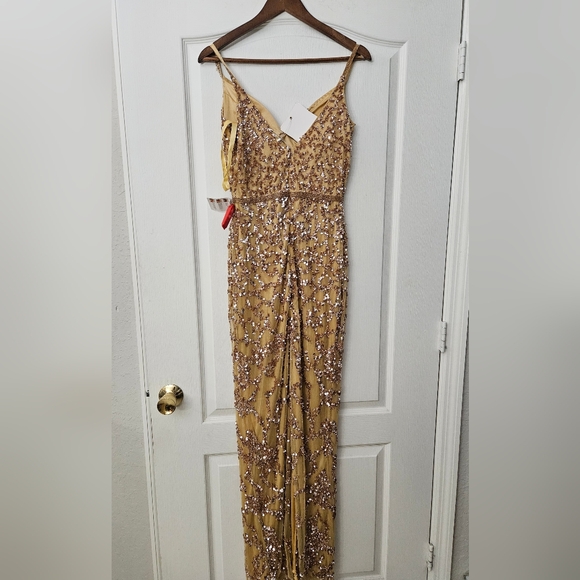 MAC DUGGAL SLEEVELESS V-NECK BEADED COLUMN NUDE GOWN SZ 6 NWT - Picture 7 of 14